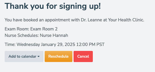 Confirmation page using {{ resources }} field to display all resources assigned for this appointment